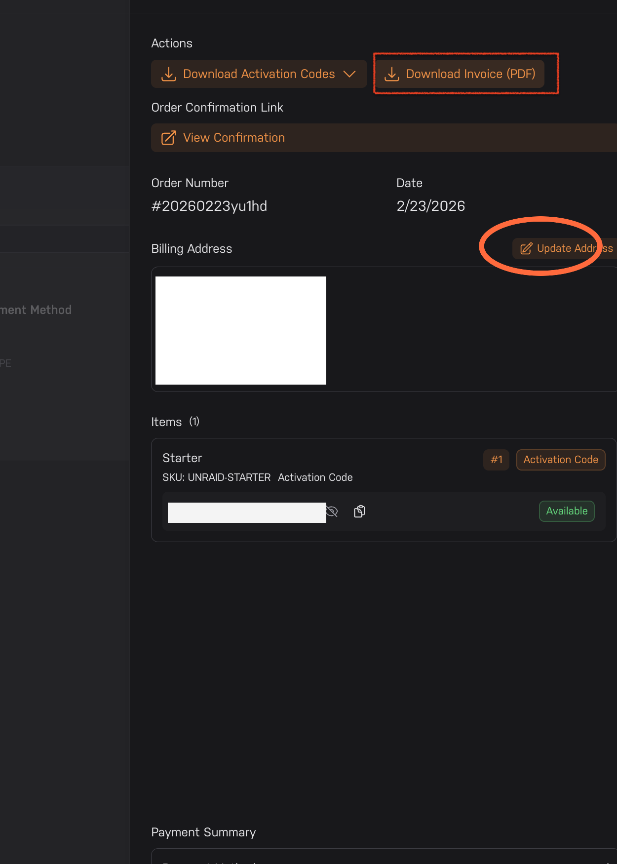 Page des détails de la commande avec l'option Mettre à jour l'adresse